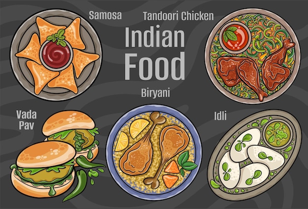 Vector comida india un conjunto de platos clásicos ilustración dibujada a mano de dibujos animados