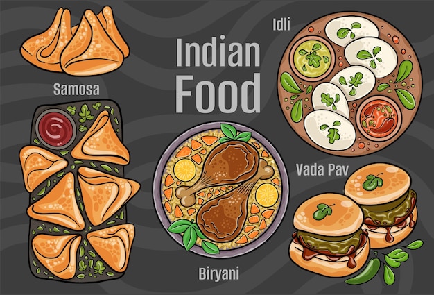 Comida india Un conjunto de platos clásicos Ilustración dibujada a mano de dibujos animados