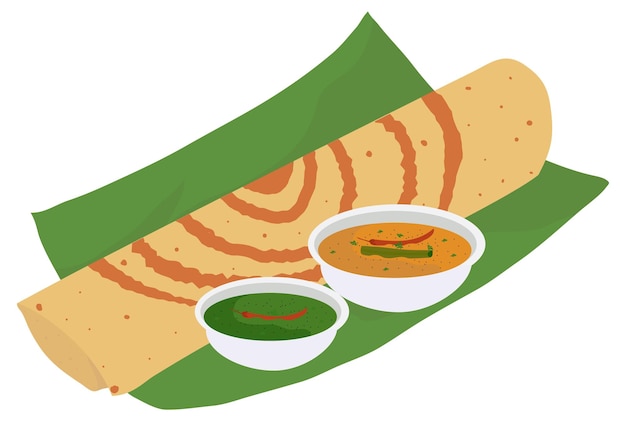 Comida india Dosa vector Ilustración comida del sur de la India Dosa con Sambar y chutney Ilustración