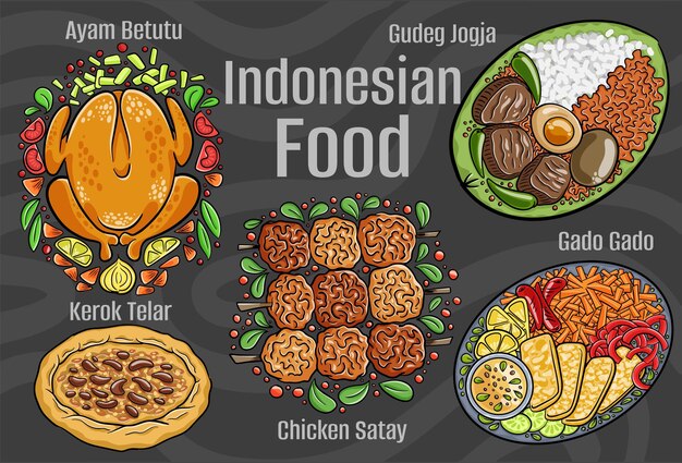 Comida indonesia Un conjunto de platos clásicos Ilustración dibujada a mano de dibujos animados