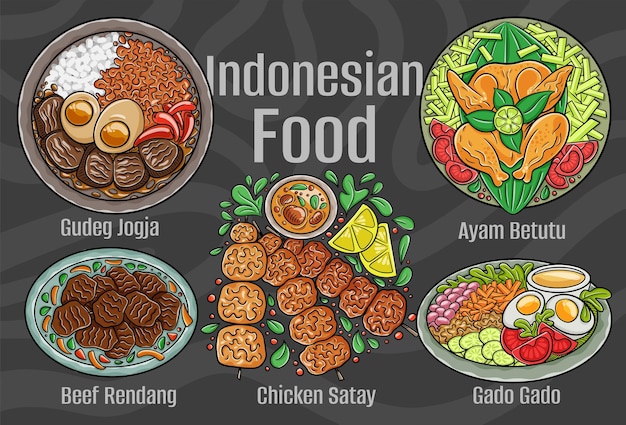 Comida indonesia Un conjunto de platos clásicos Ilustración dibujada a mano de dibujos animados