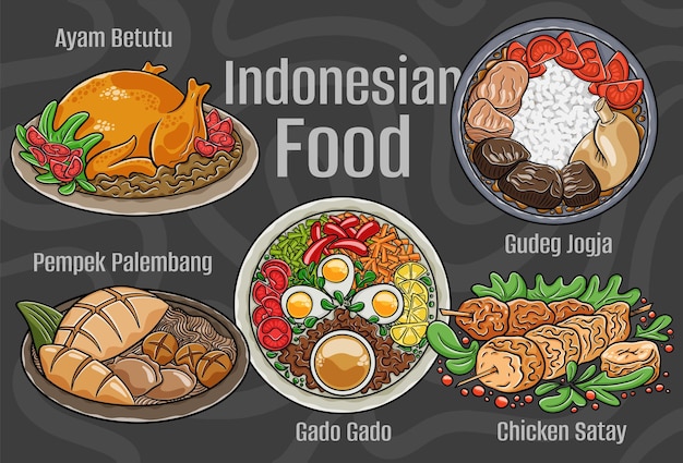 Comida indonesia Un conjunto de platos clásicos Ilustración dibujada a mano de dibujos animados