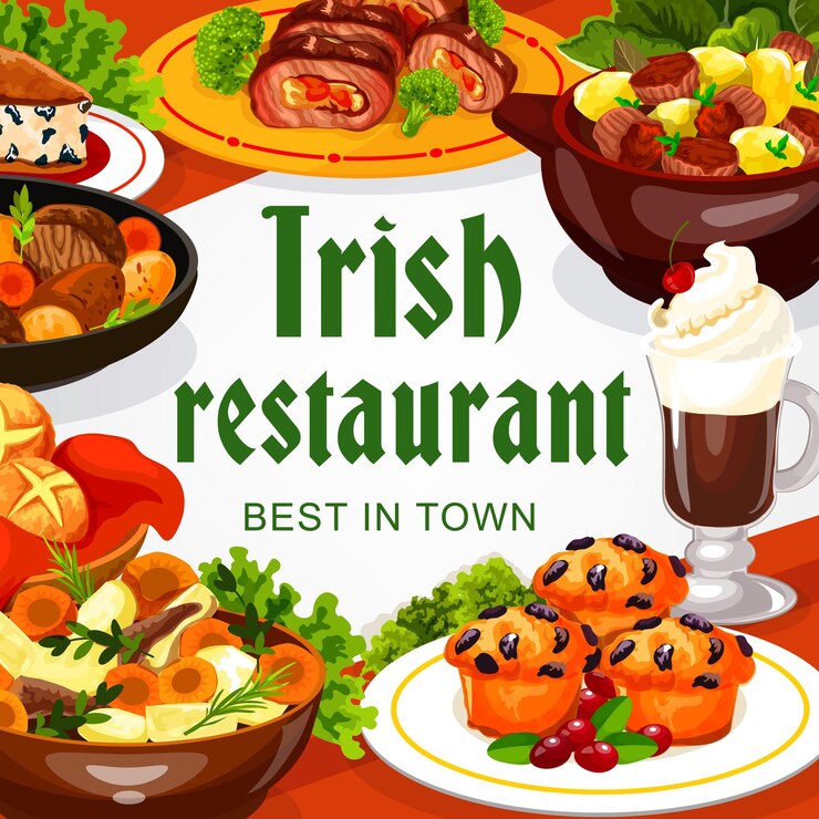 Vector comida irlandesa de carne y verduras con café