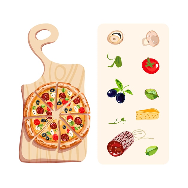 Vector comida italiana apetitosa pizza de pepperoni en una tabla de corte ingredientes para la pizza vector