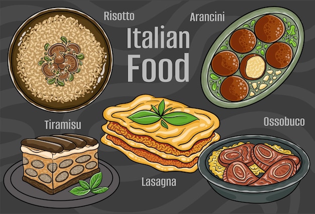 Comida italiana Un conjunto de platos clásicos Ilustración dibujada a mano de dibujos animados