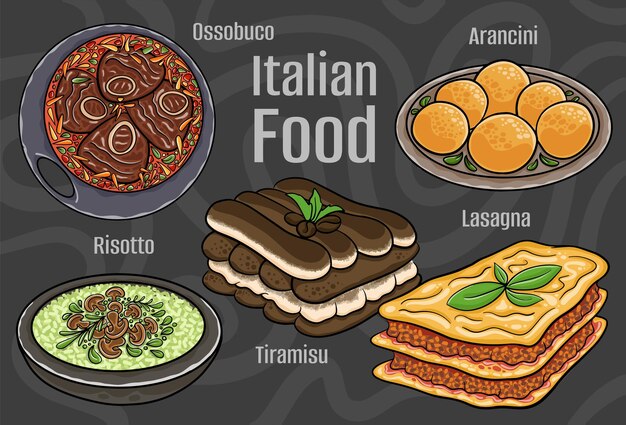 Comida italiana Un conjunto de platos clásicos Ilustración dibujada a mano de dibujos animados