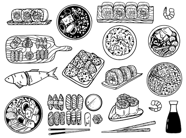 comida japonesa asiática sushi conjunto dibujado a mano comida japonesa boceto ilustraciones conjunto comida de mar y Japón