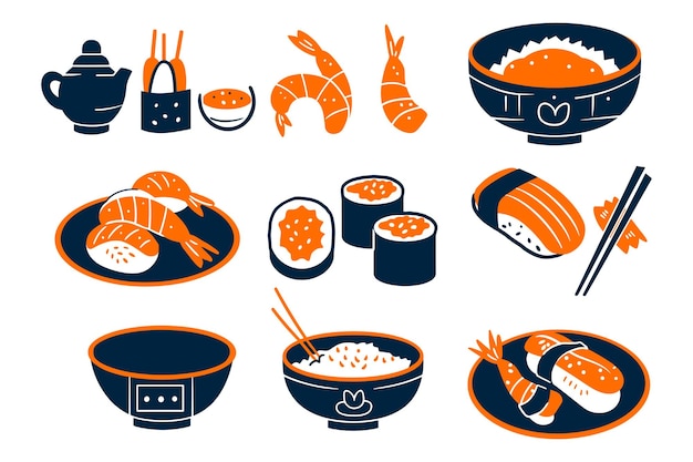 comida japonesa conjunto estilo plano aislado en el fondo