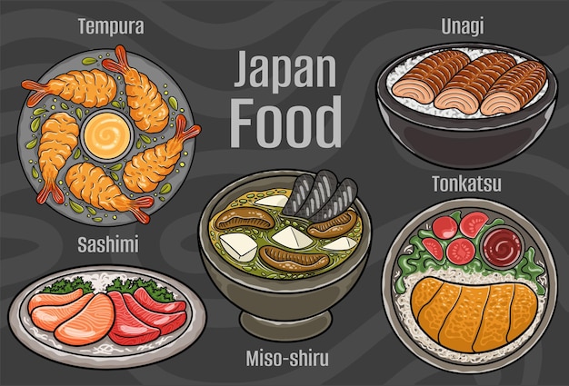 Comida japonesa Un conjunto de platos clásicos Ilustración dibujada a mano de dibujos animados