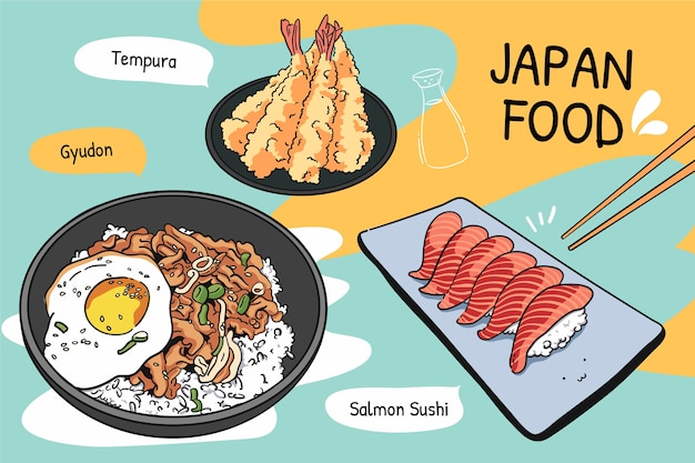 Vector comida japonesa dibujada a mano