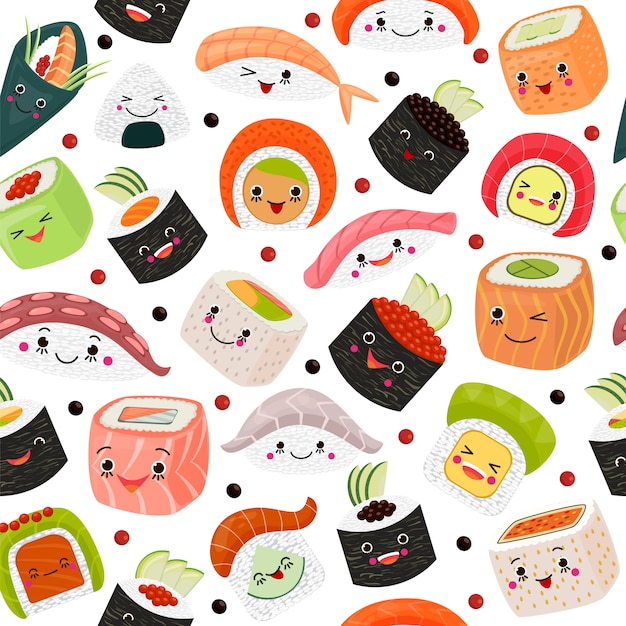 Comida japonesa de dibujos animados de sushi, ilustración. Lindo sashimi de salmón con arroz, mariscos en el fondo blanco. Cocina con algas