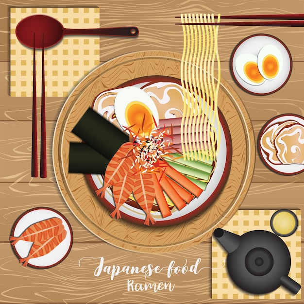 Comida japonesa con fondo de madera