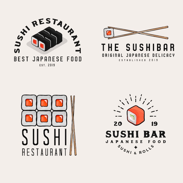 Comida japonesa, logotipos, insignias para negocios. Logotipos de bares de sushi con objetos relacionados con mariscos japoneses