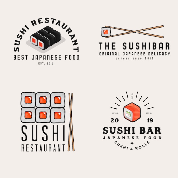 Comida japonesa, logotipos, insignias para negocios. logotipos de bares de sushi con objetos relacionados con mariscos japoneses