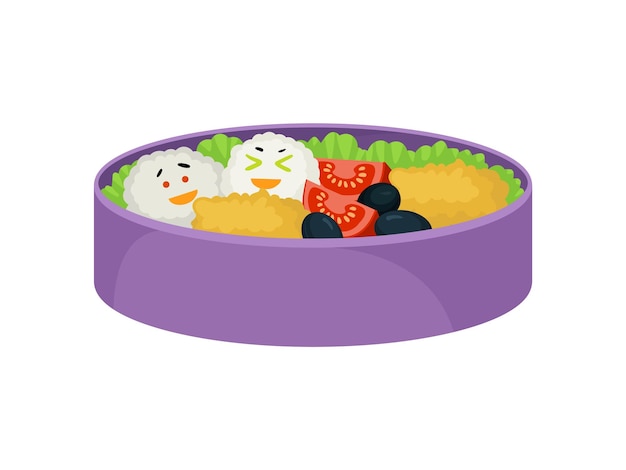 Comida japonesa en lonchera púrpura sobre fondo blanco.