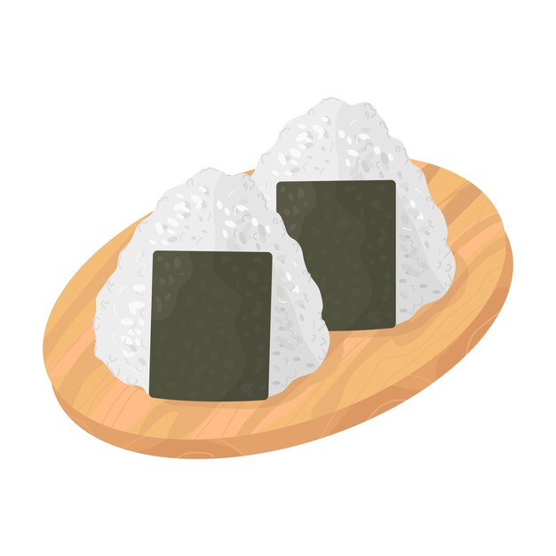 Comida japonesa Onigiri a bordo sobre un fondo aislado. Dibujos animados