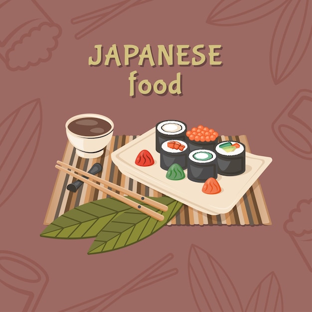 Comida japonesa. Primer plano de plato oriental tradicional con rollo de sushi nigiri, sashimi de pescado crudo, mariscos, caviar, camarones, aguacate, palillos, salsa. Ilustración vectorial para el concepto de cocina