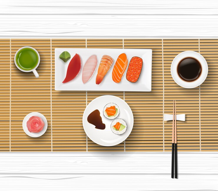 Vector comida japonesa sushi en un fondo de mesa de madera