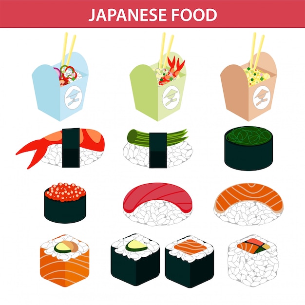 Comida japonesa sushi y marisco sashimi rollos iconos vectoriales