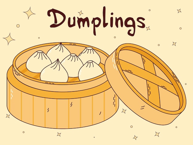 Comida japonesa tradicional Albóndigas asiáticas en cesta de vapor de bambú Ilustración vectorial