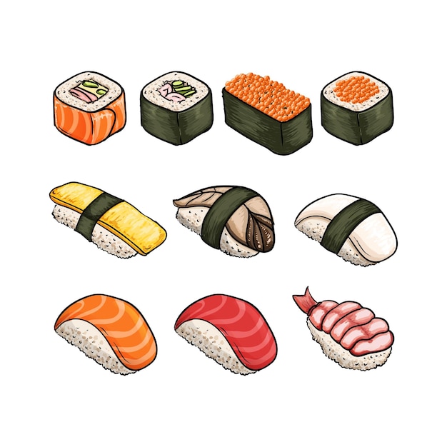 Comida japonesa tradicional sushi dibujado a mano ilustración de dibujos animados