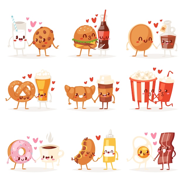 Comida kawaii cartoon expresión personajes de comida rápida hamburguesa amorosa donut emoticon ilustración valentines conjunto de hamburguesa emoción besos café emoji enamorado sobre fondo blanco