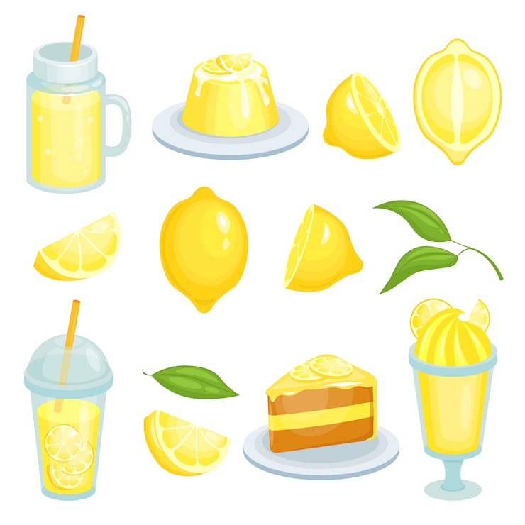 Vector comida de limón tortas, limonada y otros alimentos amarillos con ingrediente de limones. ilustraciones en estilo de dibujos animados