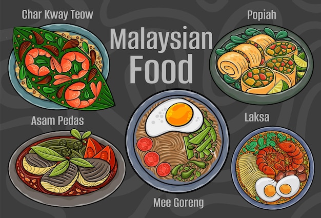 Comida malaya Un conjunto de platos clásicos Ilustración dibujada a mano de dibujos animados