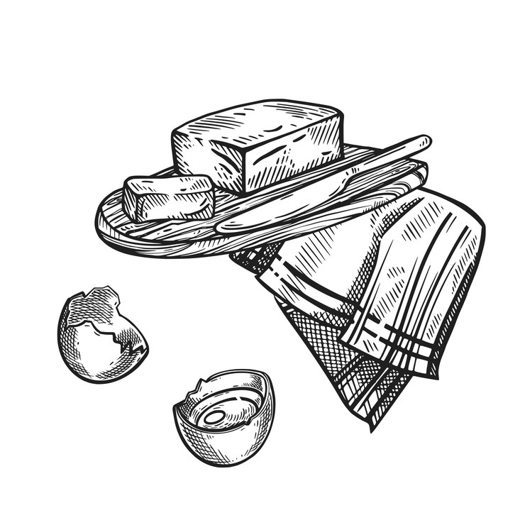 Vector comida mantequilla huevo de pollo en una toalla el proceso de cocción todos los objetos están dibujados a mano con vector de tinta