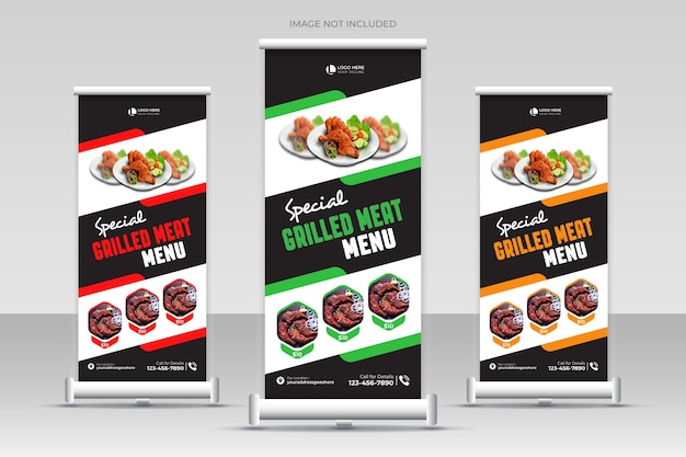Comida Menú de carne a la parrilla X Roll Up y plantilla de banner de comida de restaurante.
