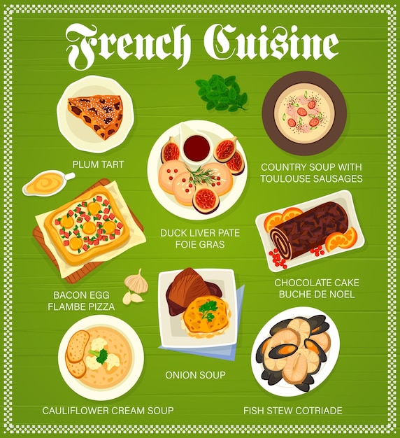 Vector comida de menú de cocina francesa de francia para restaurante