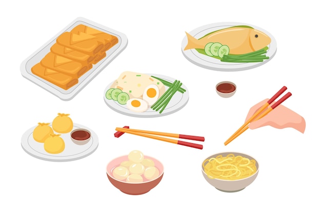 Comida para la mesa festiva. Deliciosa comida tradicional china. Ilustración de dibujos animados de vector.