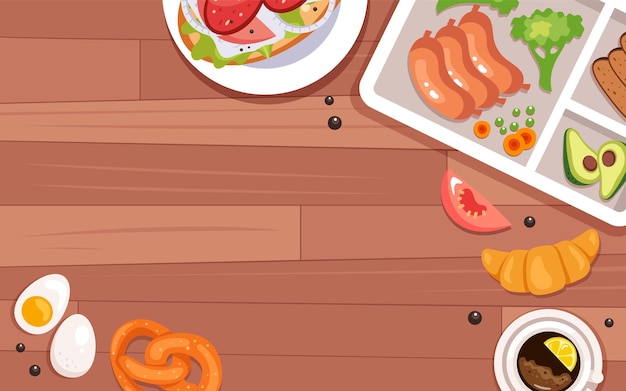 Vector comida mesa de madera almuerzo comida banner concepto abstracto ilustración de diseño gráfico plano