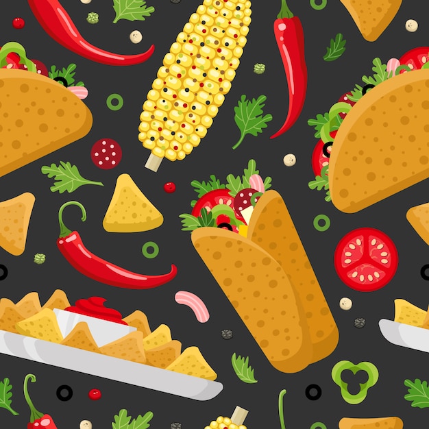 Comida mexicana color vector de patrones sin fisuras