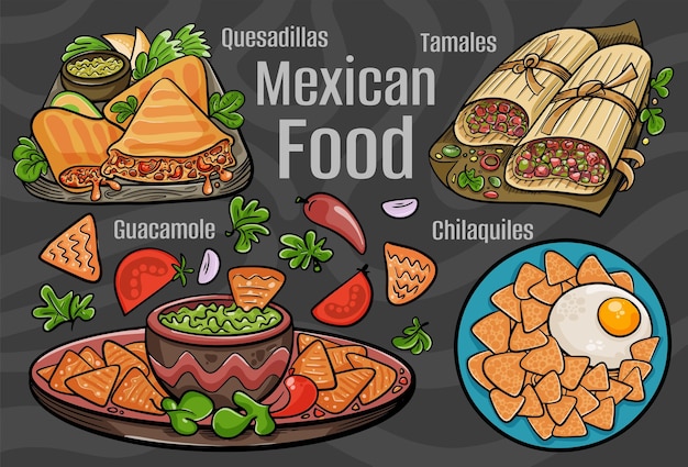 Comida mexicana Un conjunto de platos clásicos Ilustración dibujada a mano de dibujos animados