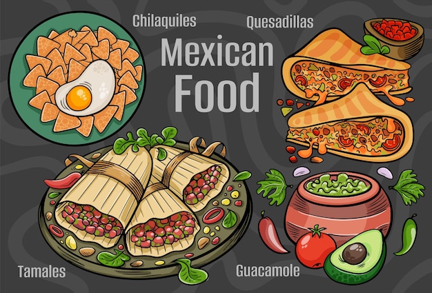 Comida mexicana Un conjunto de platos clásicos Ilustración dibujada a mano de dibujos animados