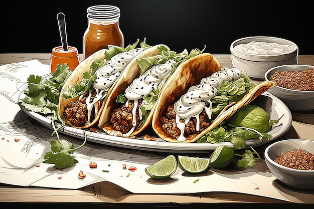 Comida mexicana gastronomía carne tacos aguacate cebolla tomate sobre fondo blanco