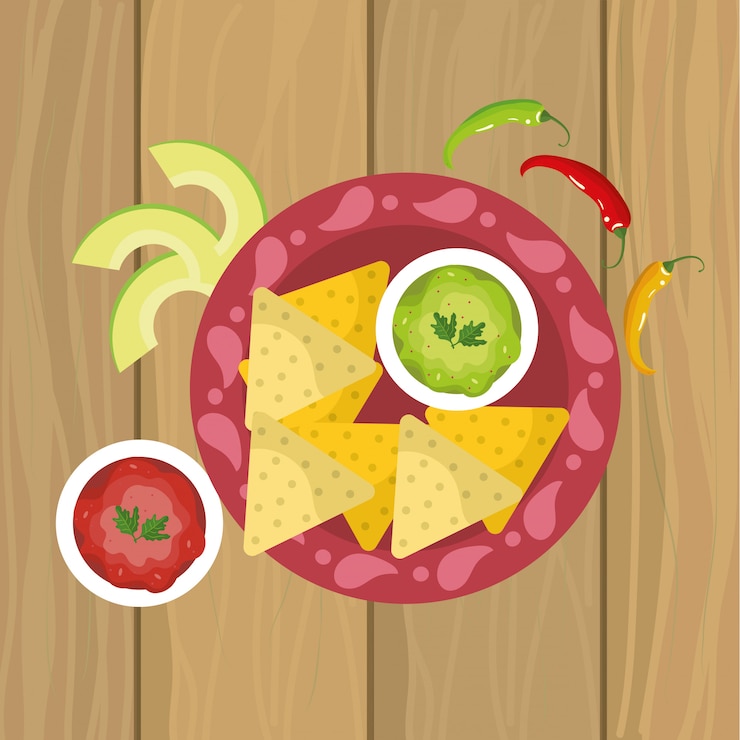 Vector comida mexicana con salsa tradicional y aguacate.