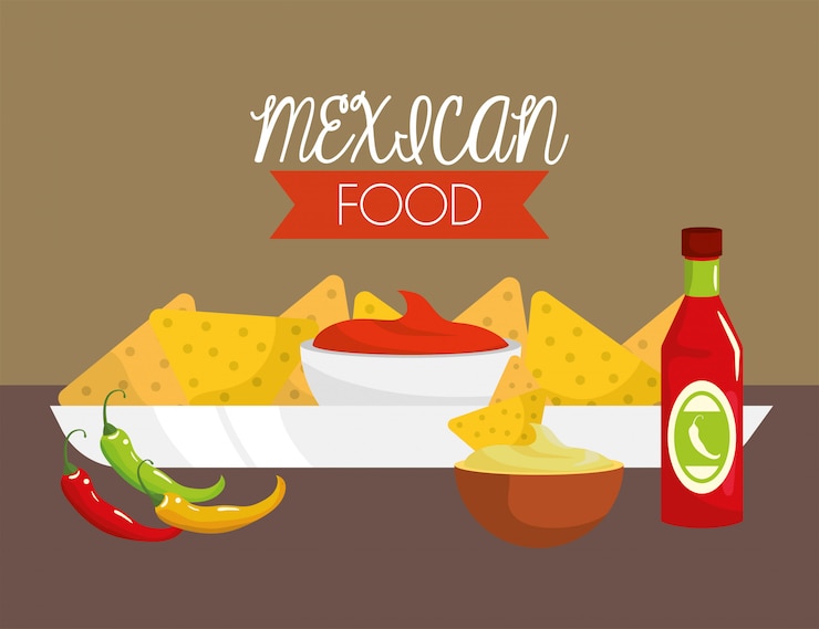 Vector comida mexicana con salsas y pimienta chile