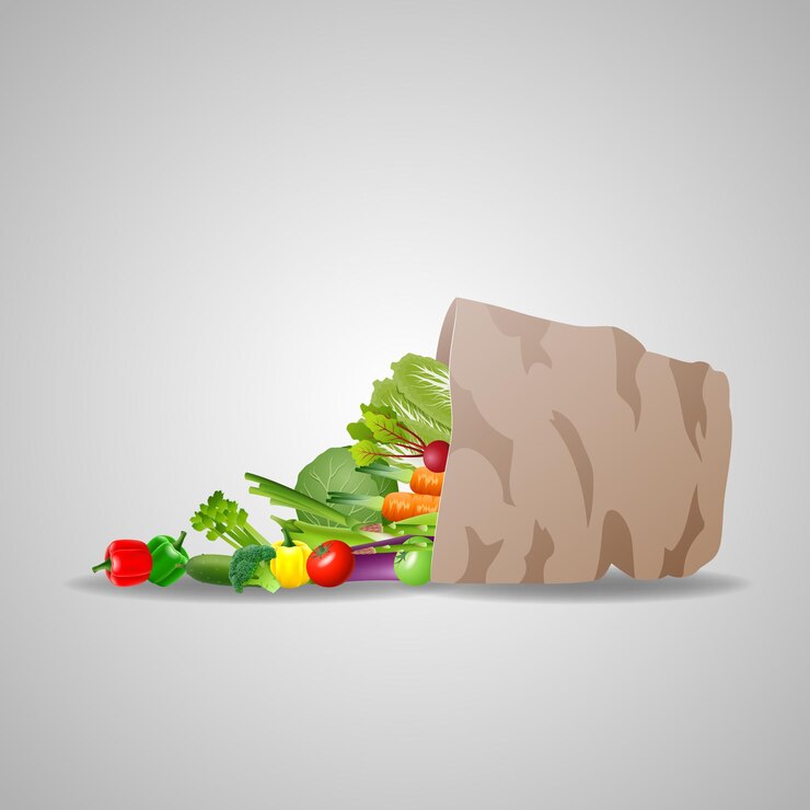 Vector la comida natural es muy buena verduras orgánicas en bolsas de papel concepto ilustración vectorial