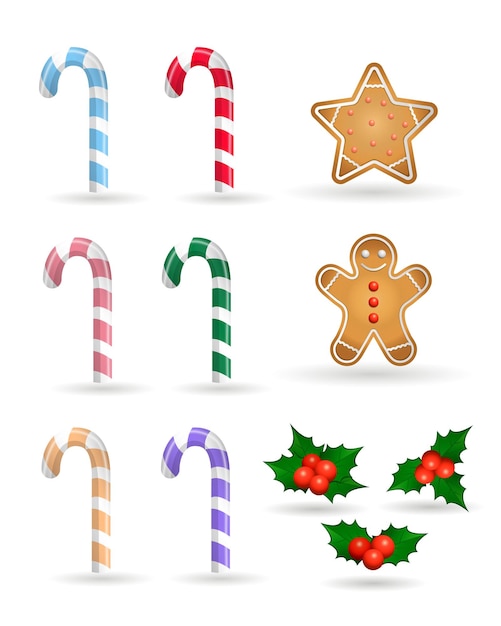Comida de Navidad de dibujos animados: bastón de caramelo, hombre de pan de jengibre, estrella de pan de jengibre, bayas de acebo. decoración navideña