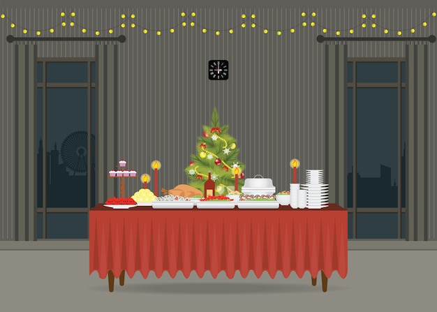 Vector comida de navidad en la mesa decoración de árbol de navidad