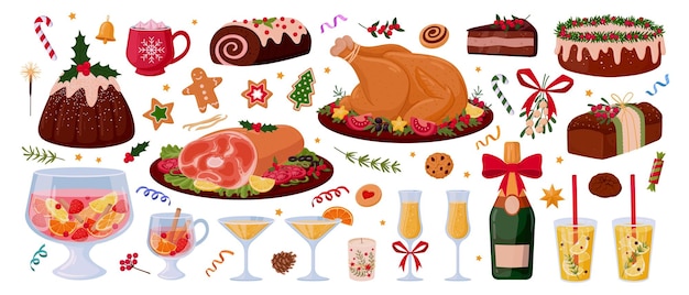 Vector comida navideña comida navideña de invierno jamón de pavo ponche champán navidad pastelería galletas y dulces conjunto de ilustraciones vectoriales planas colección de comida navideña festiva