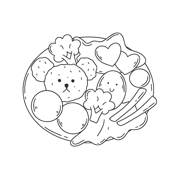 Comida para niños Bento set ilustración estilo garabato Bosquejo de tinta simple almuerzo para niños sirviendo comida asiática