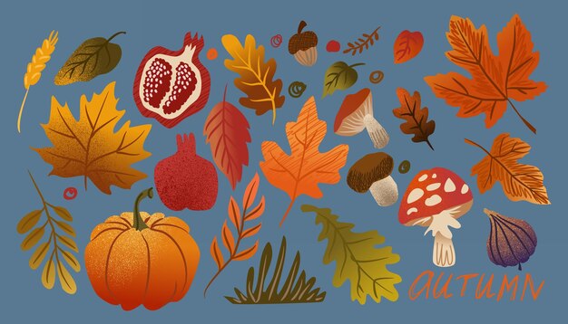 Comida de otoño hojas amarillas diferentes setas frutas orgánicas granada y hoja de higuera patrón abstracto naturaleza cosecha calabaza planta acuarela textura árbol arte otoño fondo vectorial