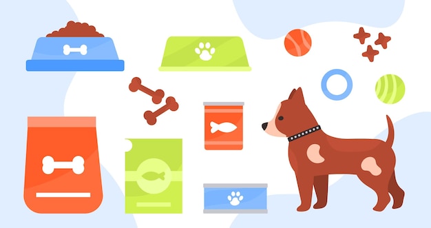 Comida para perros set Cuencos y latas cerca de hueso y cachorro Comiendo para animales domésticos caninos Paquete de productos de tienda de mascotas Colección de vectores planos de dibujos animados aislados en fondo blanco