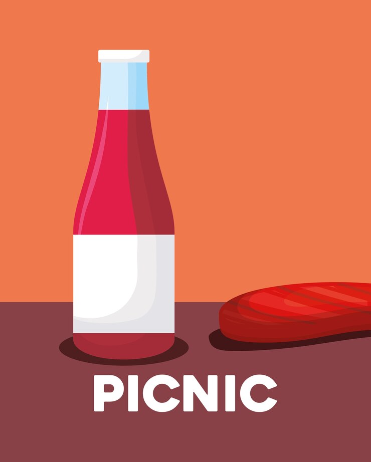Vector comida de picnic con botella de ketchup y filete de carne