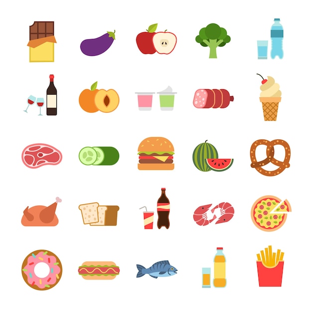 Vector comida plana. hamburguesa y pan, pizza y frutas, bebidas. verduras, alcohol y carne, vid y agua, mariscos, comida para llevar, comida no saludable vector de dibujos animados aislados conjunto de iconos de colores