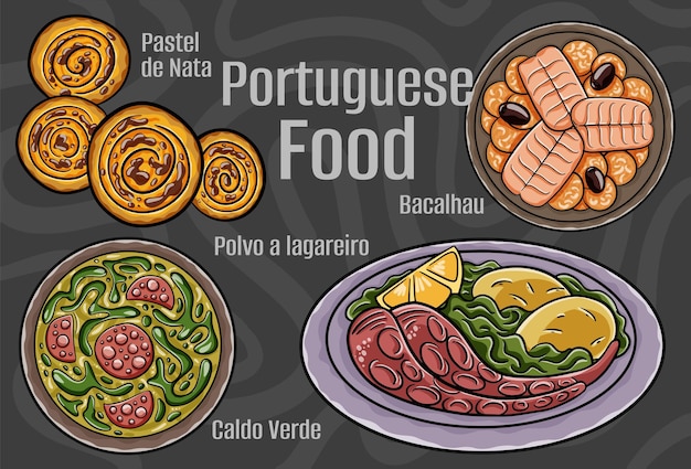 Comida portuguesa Un conjunto de platos clásicos Ilustración dibujada a mano de dibujos animados