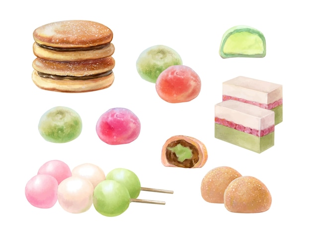 Comida postre dorayaki dango yokan daifuku ilustración acuarela